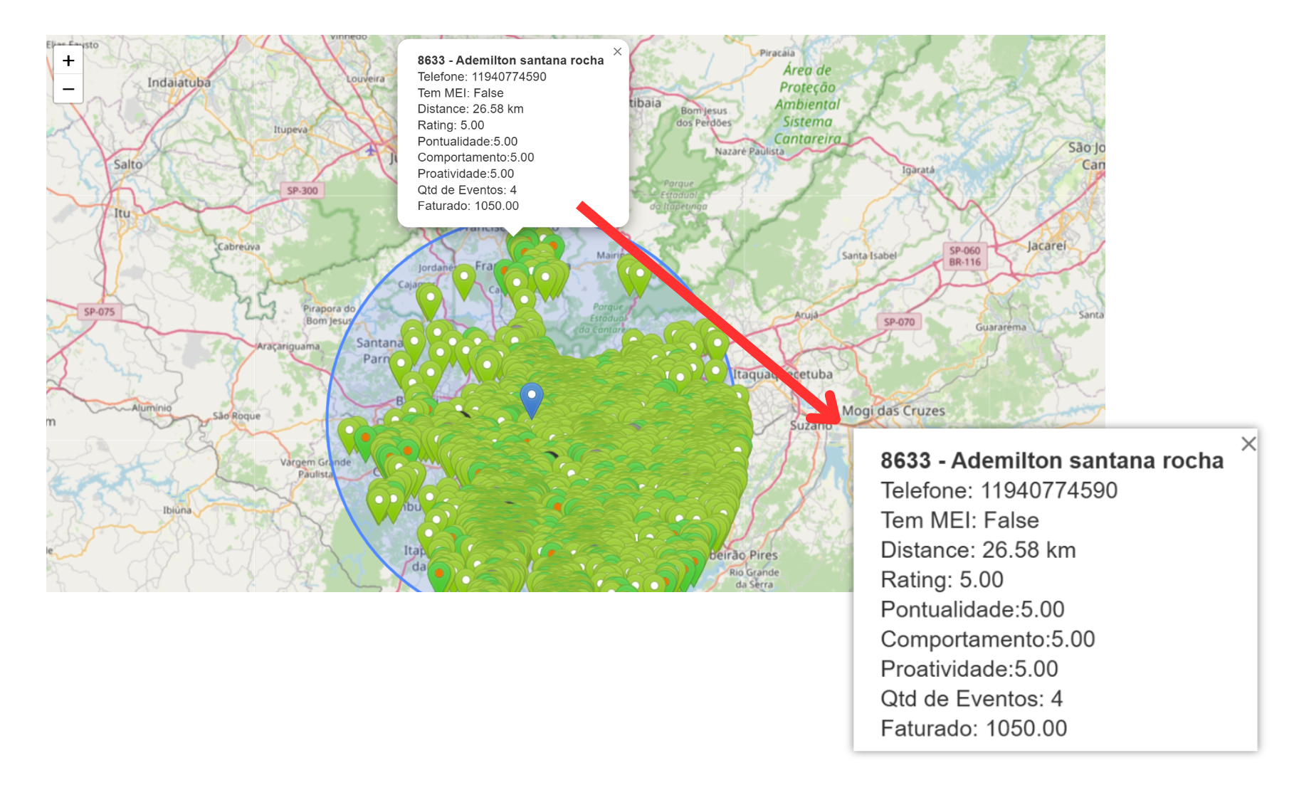 Mapa da plataforma StaffPRO mostrando profissionais próximos ao local do evento