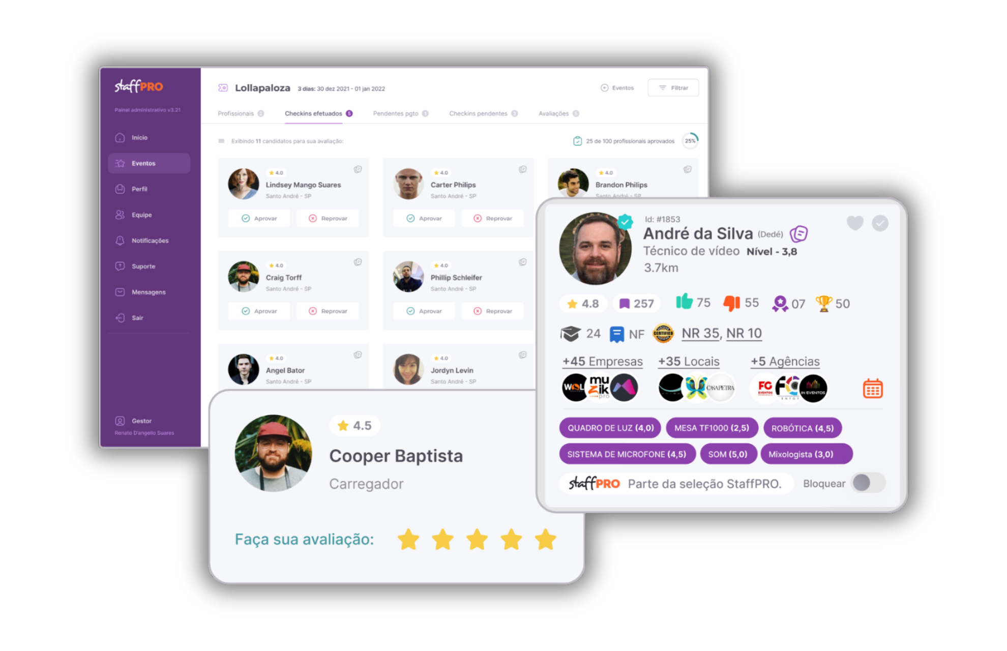 Interface da plataforma StaffPRO para gestão de freelancers e eventos